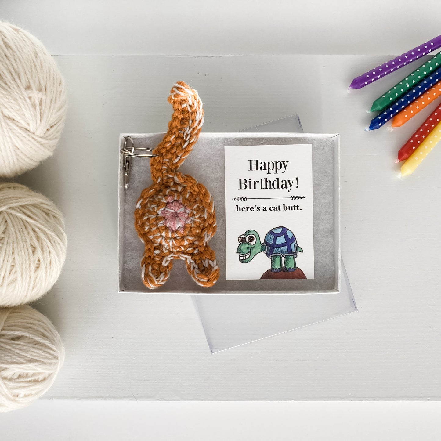 Orange Tabby Cat Butt Keychain Funny Birthday Gift with Novelty Card