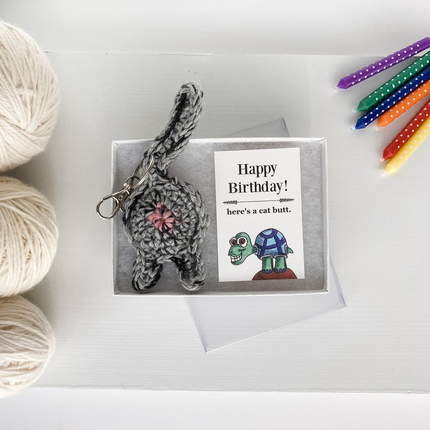 Gray Tabby Cat Butt Keychain Funny Birthday Gift with Novelty Card