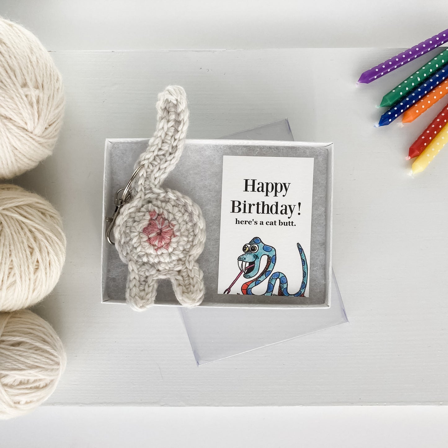 White Cat Butt Keychain Funny Birthday Gift with Novelty Card