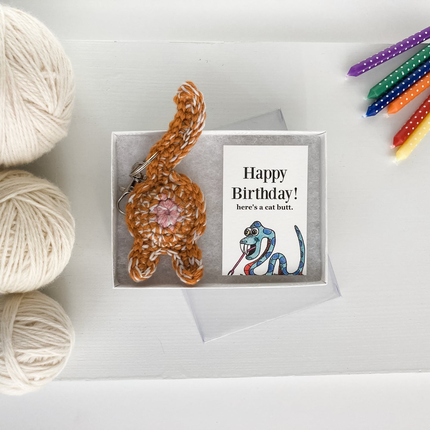 Orange Tabby Cat Butt Keychain Funny Birthday Gift with Novelty Card