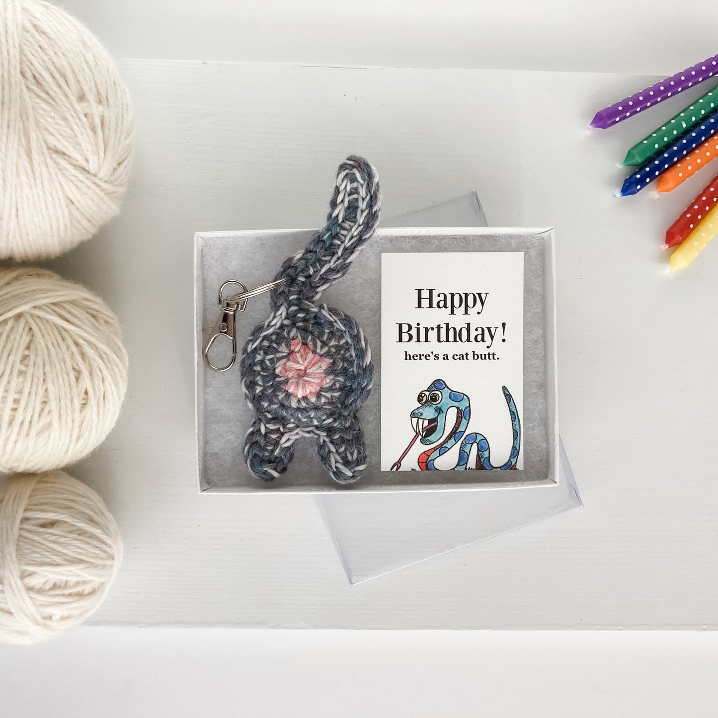 Gray Purple Cat Butt Keychain Funny Birthday Gift with Novelty Card