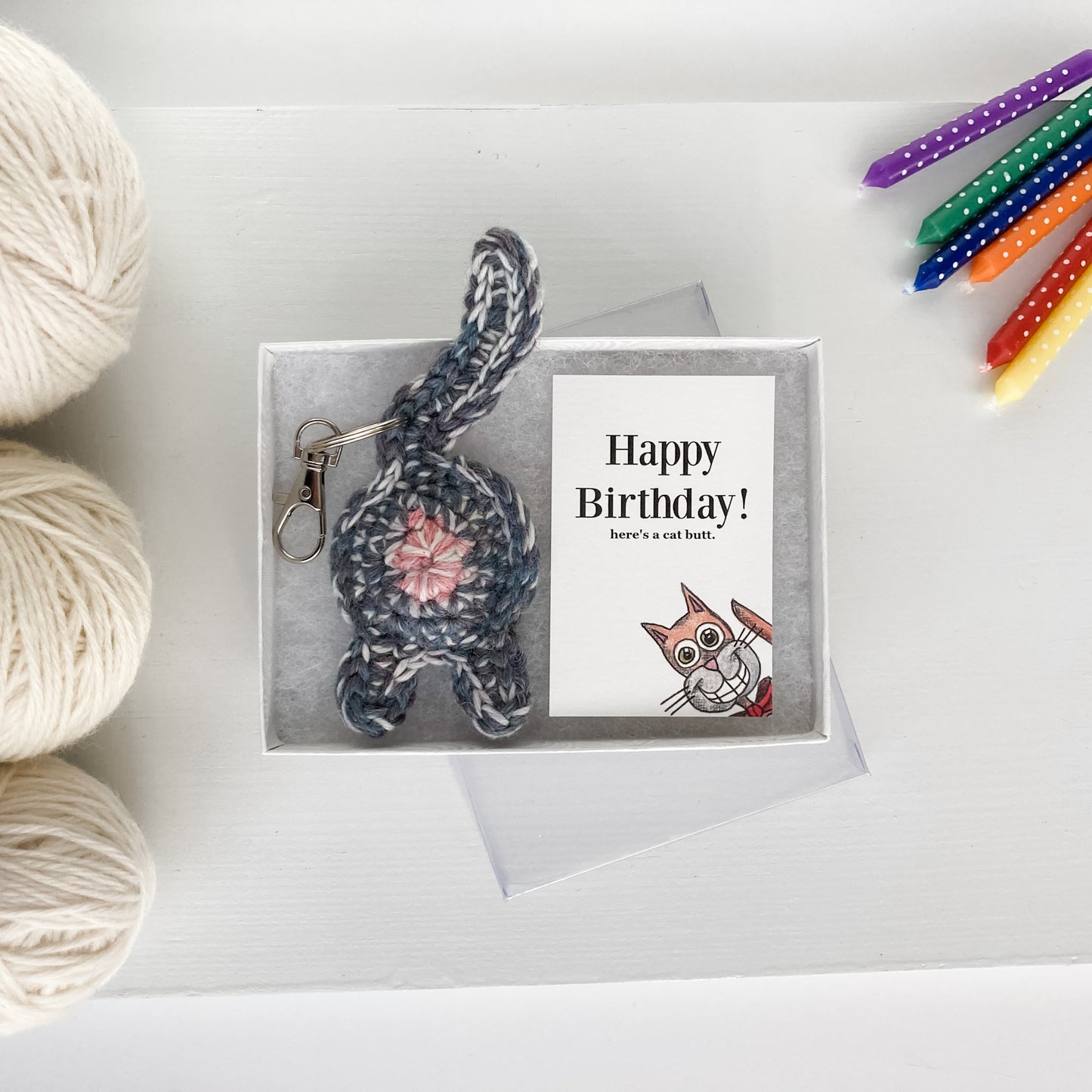 Gray Purple Cat Butt Keychain Funny Birthday Gift with Novelty Card