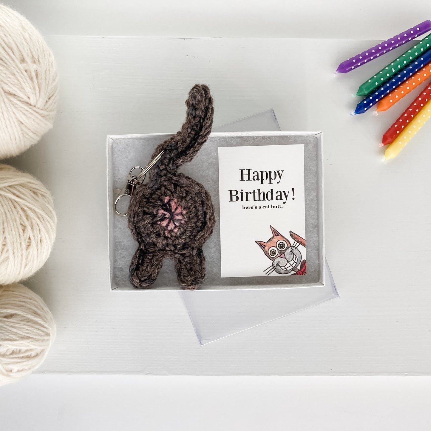 Torti Calico Cat Butt Keychain Funny Birthday Gift with Novelty Card