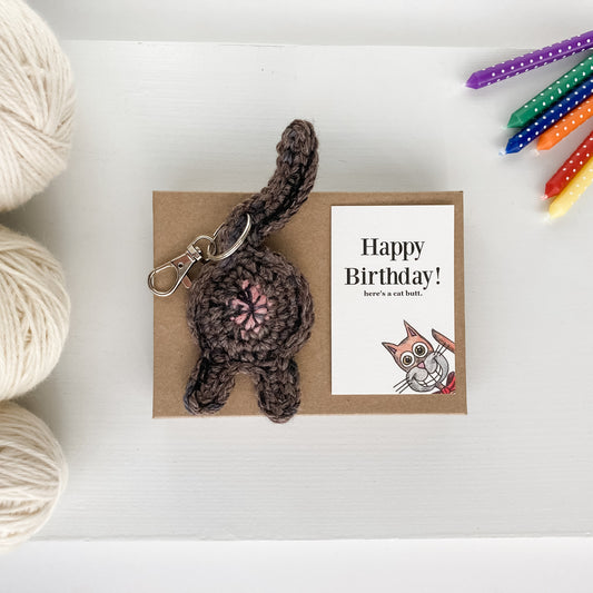 Torti Calico Cat Butt Keychain Funny Birthday Gift with Novelty Card