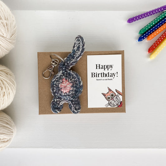 Gray Purple Cat Butt Keychain Funny Birthday Gift with Novelty Card