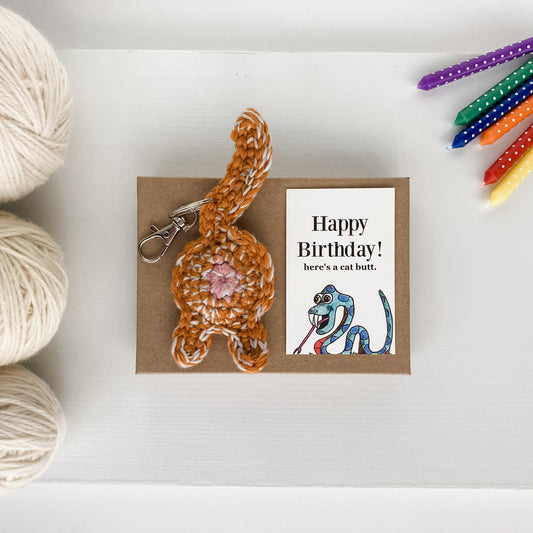 Orange Tabby Cat Butt Keychain Funny Birthday Gift with Novelty Card