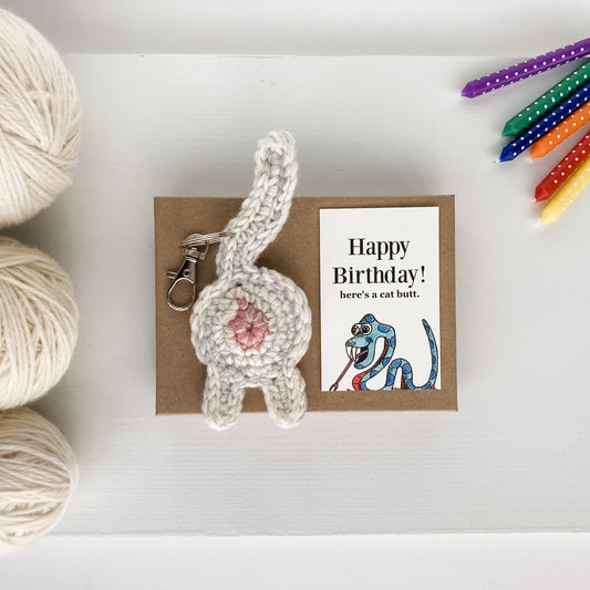 White Cat Butt Keychain Funny Birthday Gift with Novelty Card