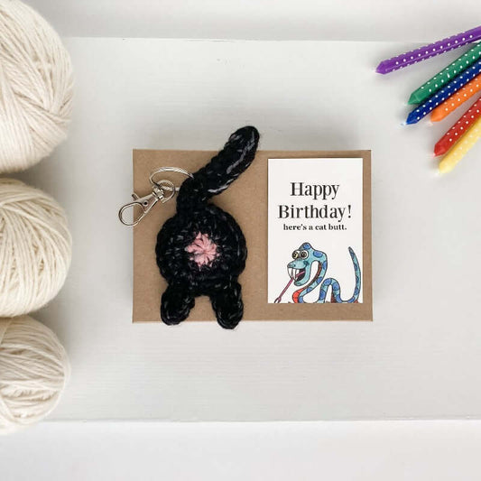Knot By Gran'ma Birthday Gift Black Cat Butt Keychain Funny Birthday Gift with Novelty Card