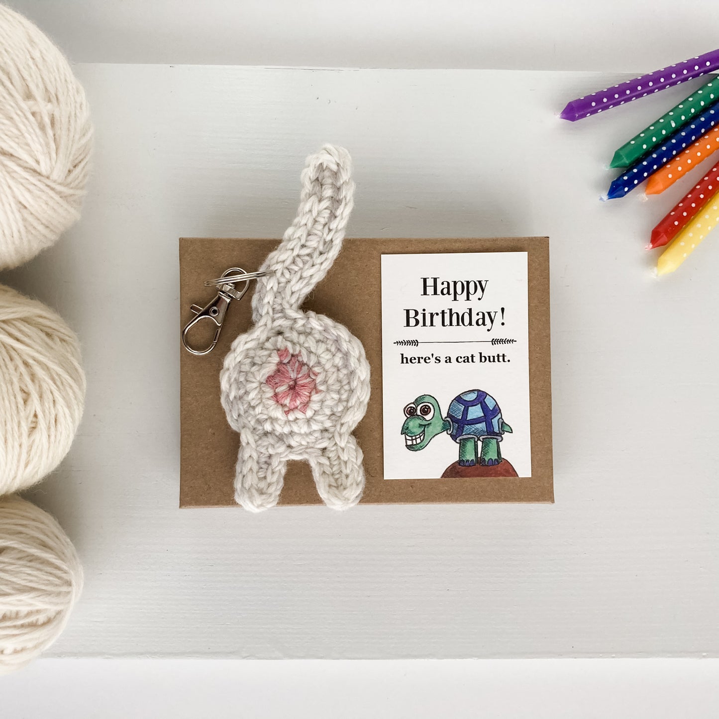 White Cat Butt Keychain Funny Birthday Gift with Novelty Card