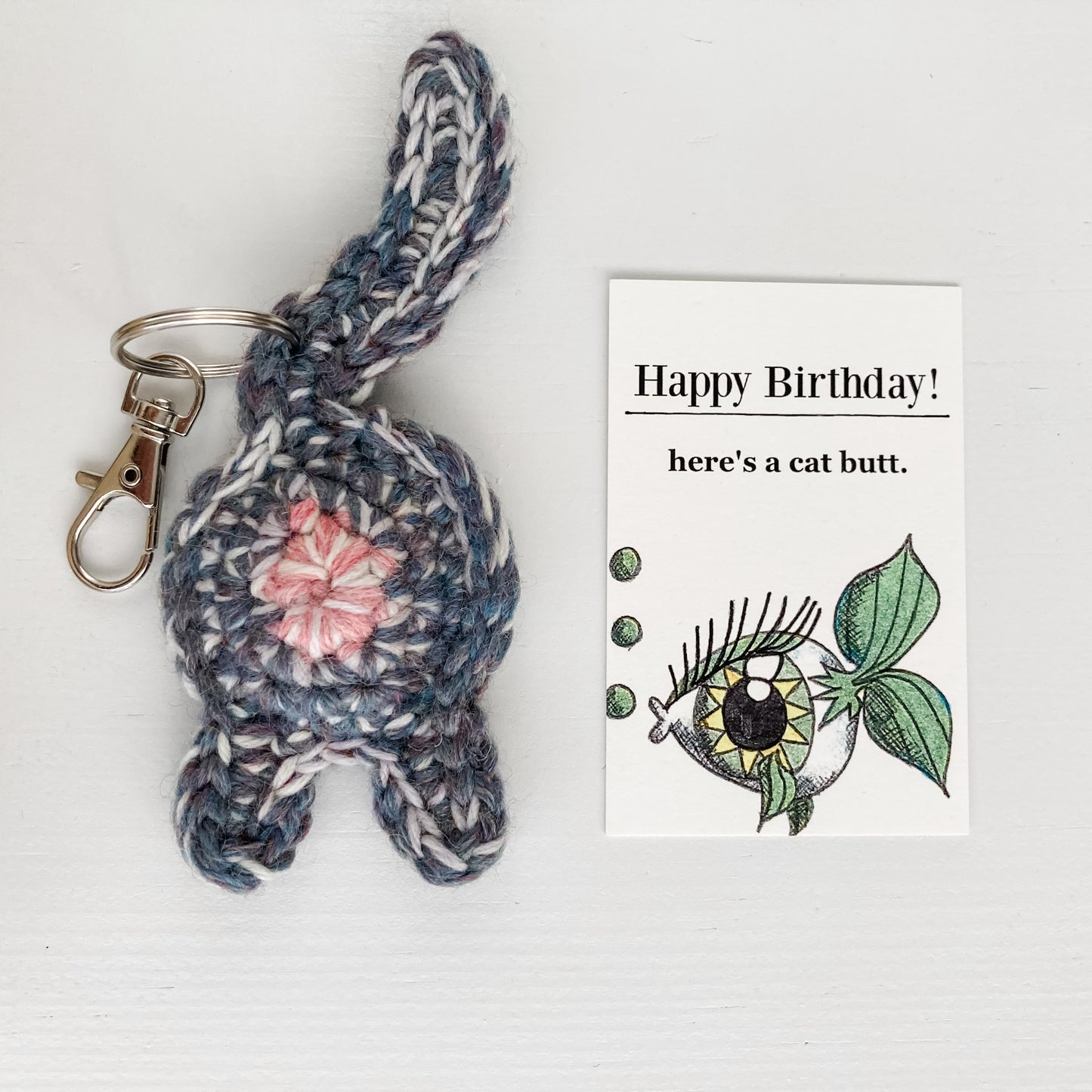 Gray Purple Cat Butt Keychain Funny Birthday Gift with Novelty Card