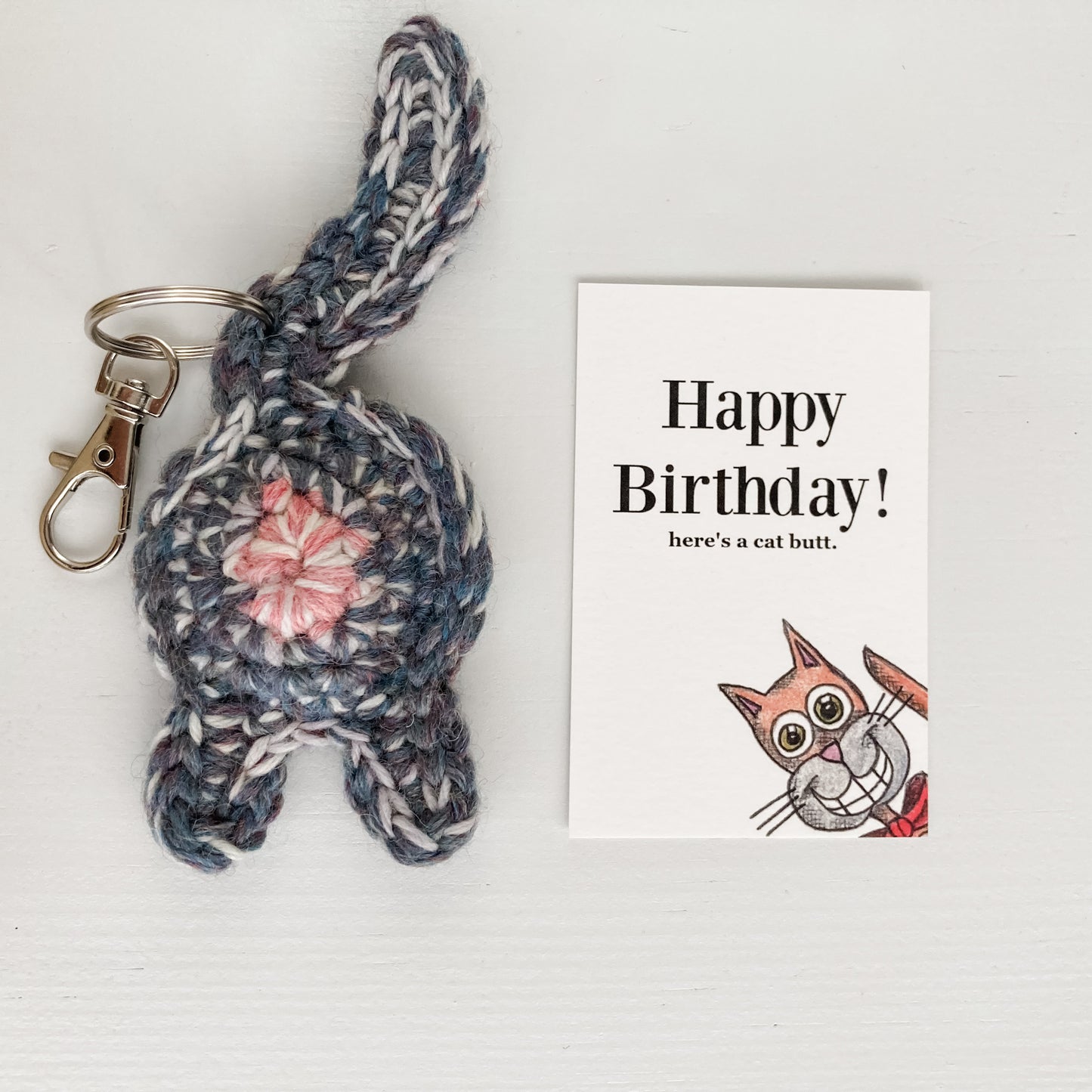 Gray Purple Cat Butt Keychain Funny Birthday Gift with Novelty Card