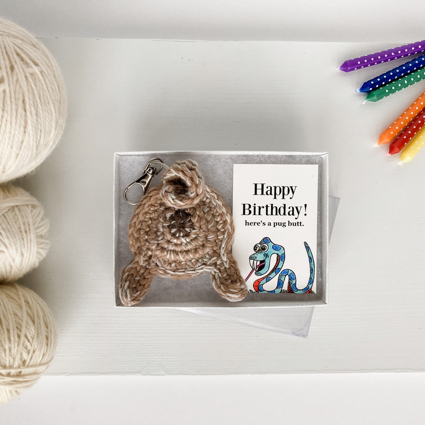 Fawn Pug Butt Keychain Funny Birthday Gift with Novelty Card