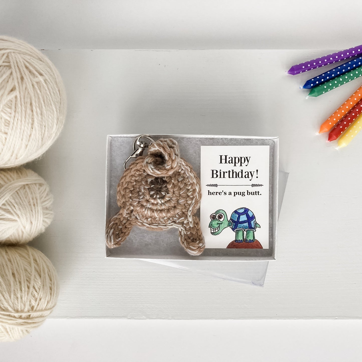 Fawn Pug Butt Keychain Funny Birthday Gift with Novelty Card