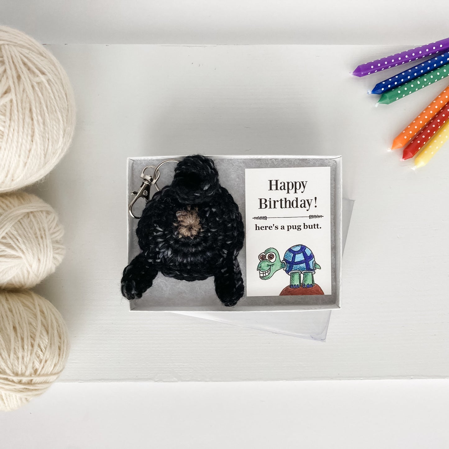 Black Pug Butt Keychain Funny Birthday Gift with Novelty Card