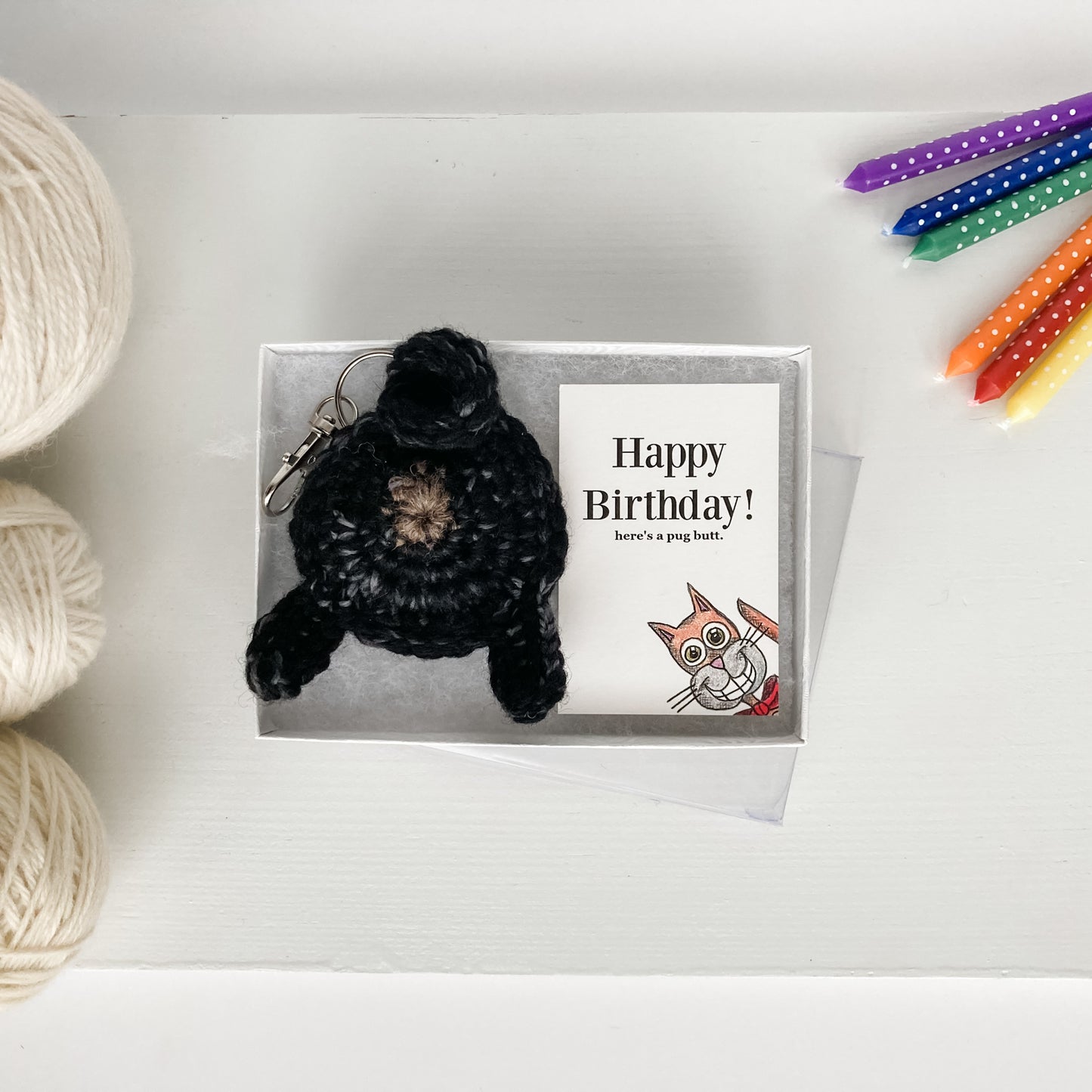 Black Pug Butt Keychain Funny Birthday Gift with Novelty Card