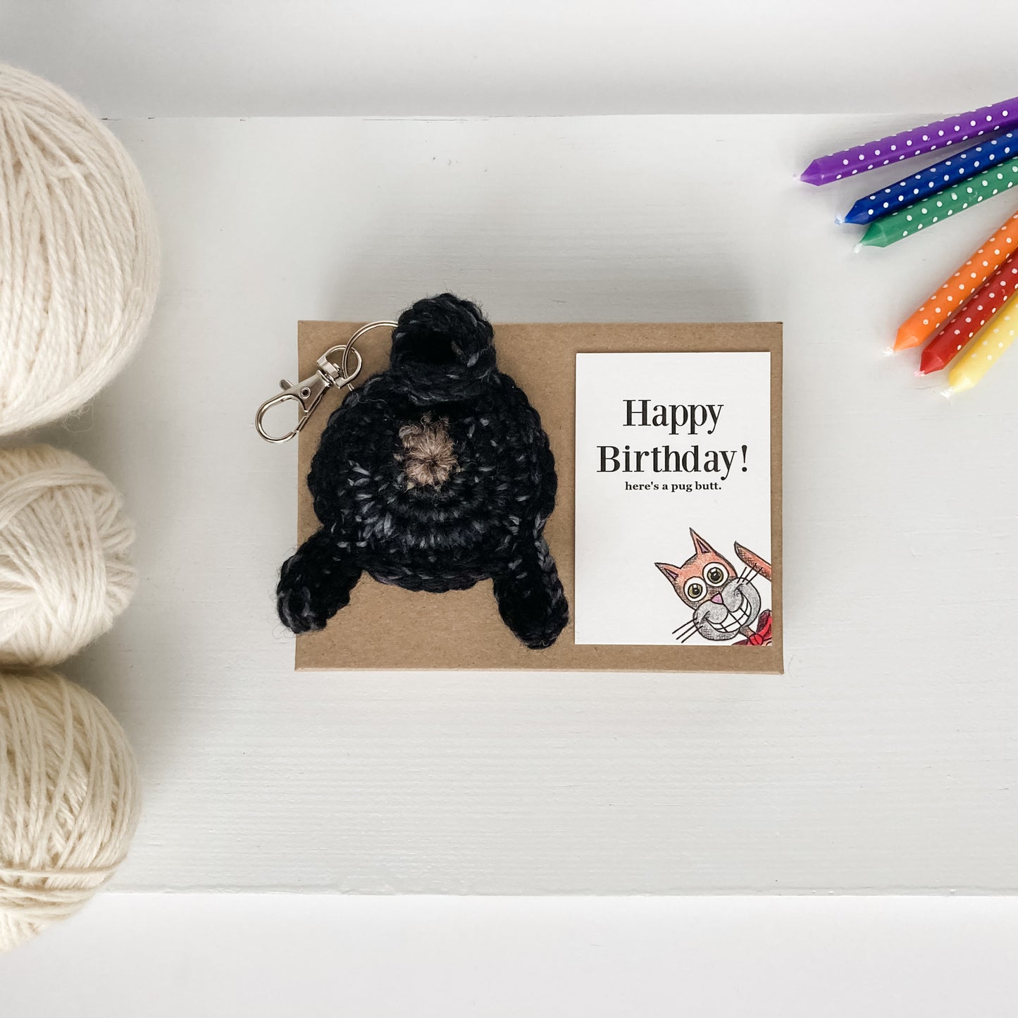 Black Pug Butt Keychain Funny Birthday Gift with Novelty Card