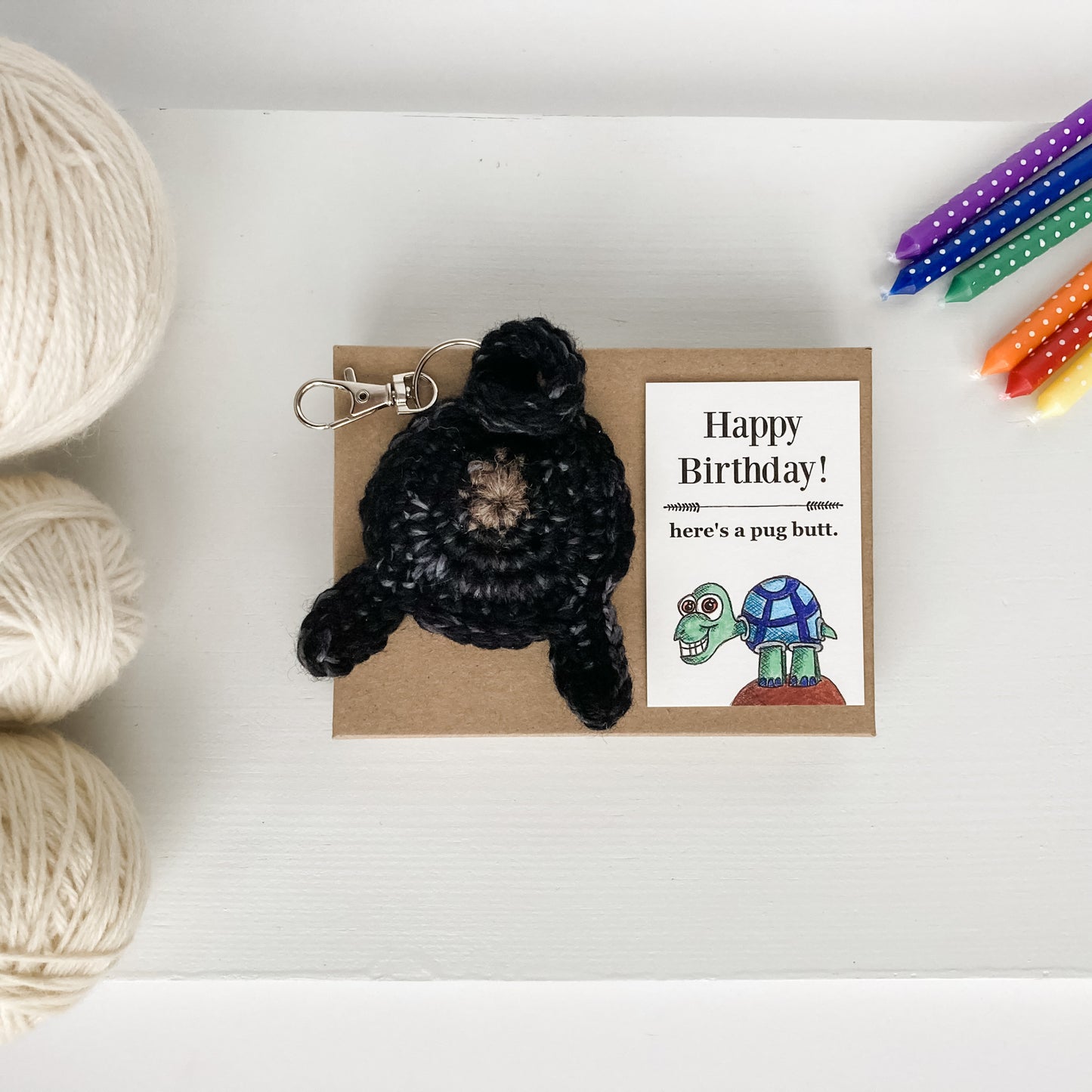 Black Pug Butt Keychain Funny Birthday Gift with Novelty Card