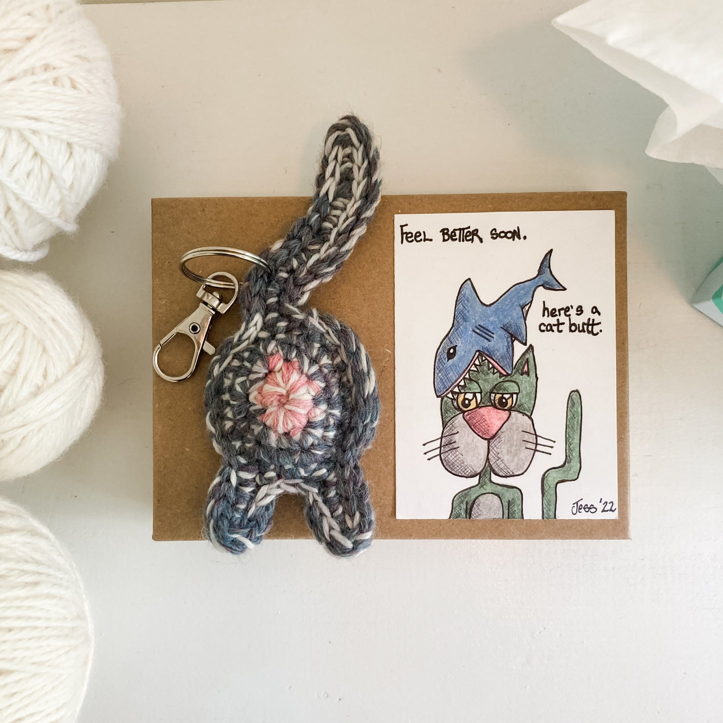 Cat Butt Keychain Funny Feel Better Soon Gift with OOAK Original Art Card