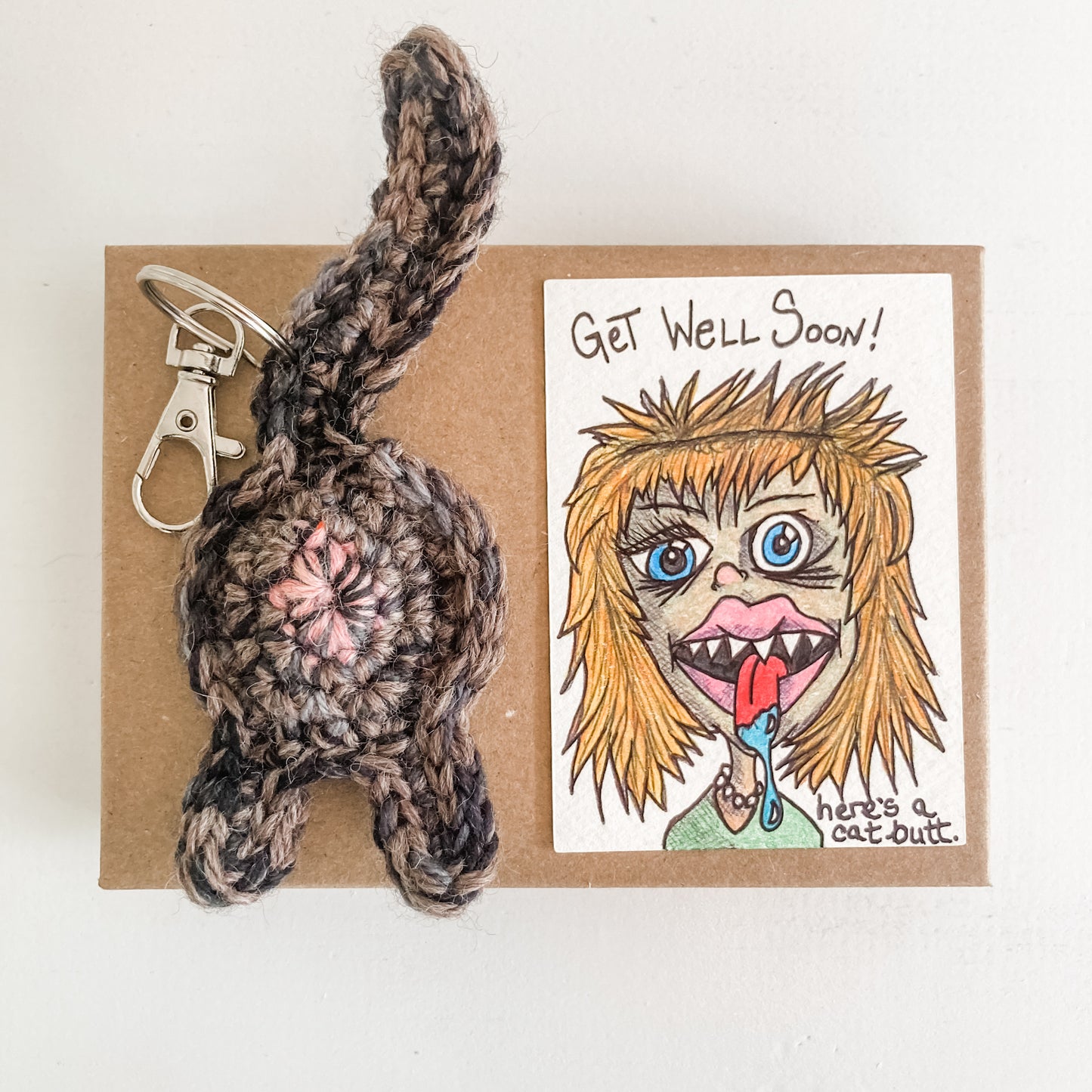 Cat Butt Keychain Get Well Soon Birthday Gift with OOAK Original Art Card