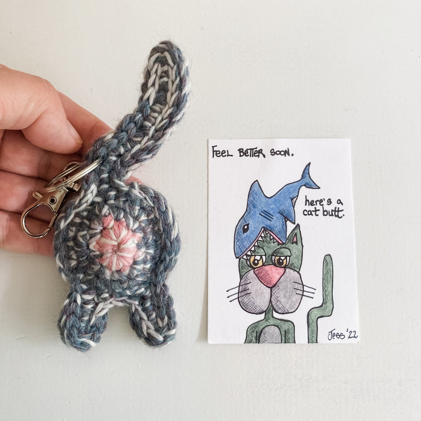 Cat Butt Keychain Funny Feel Better Soon Gift with OOAK Original Art Card