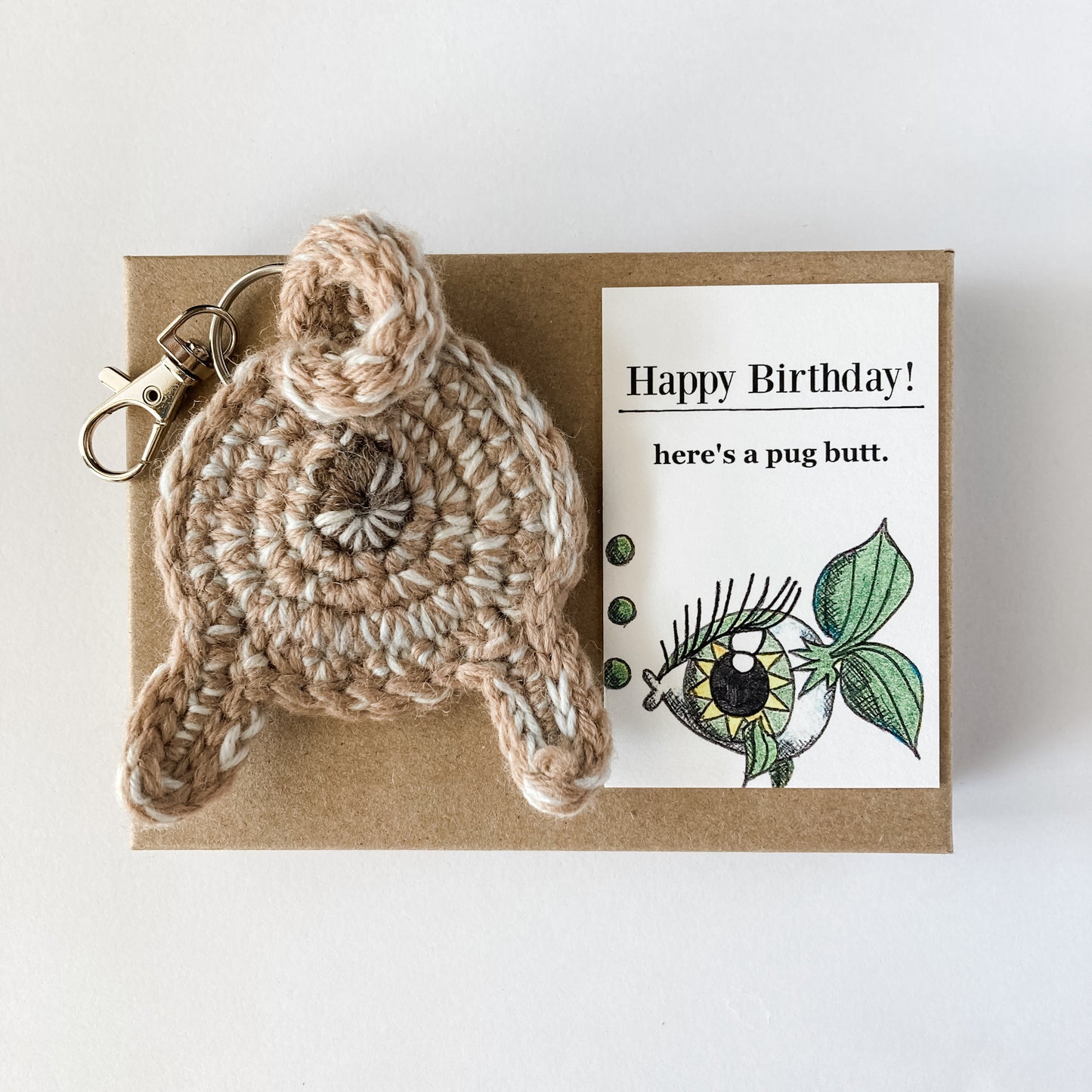 Fawn Pug Butt Keychain Funny Birthday Gift with Novelty Card