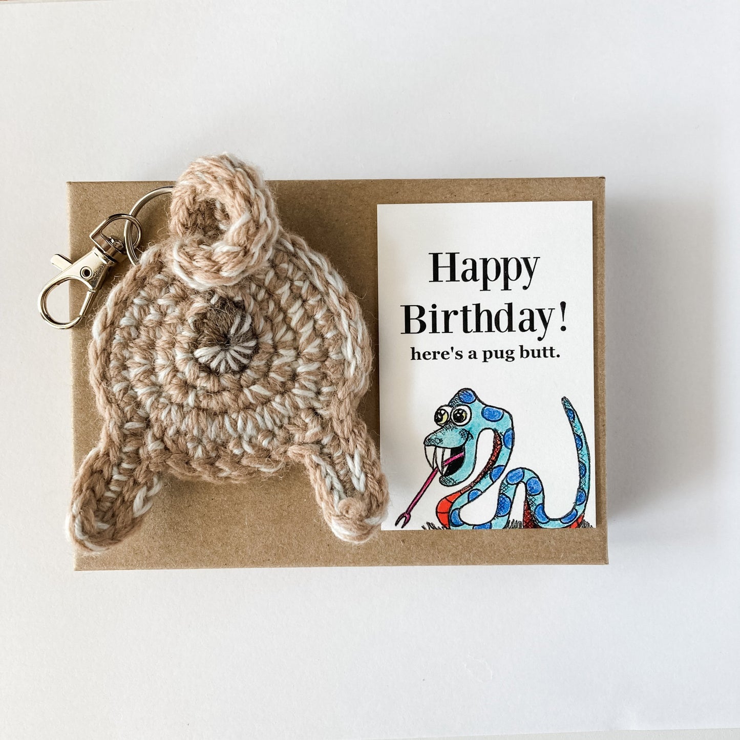 Knot By Gran'ma Birthday Gift Fawn Pug Butt Keychain Funny Birthday Gift with Snake Card