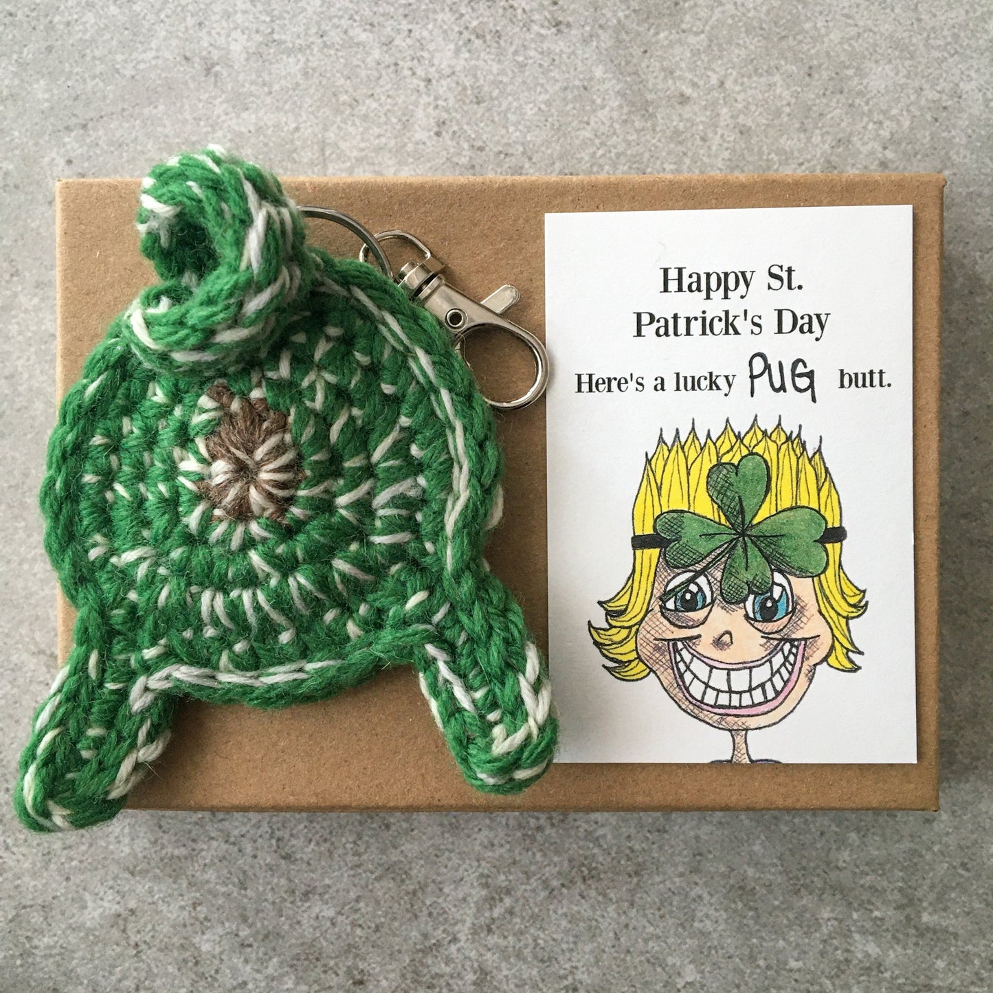 Knot By Gran'ma St. Patricks Day Gift Green Lucky Pug Butt Keychain Funny St. Patricks Day Gift With Card