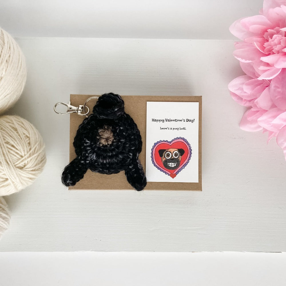 Knot By Gran'ma Valentine's Day Gift Black Pug Butt Keychain Valentine's Day Gift