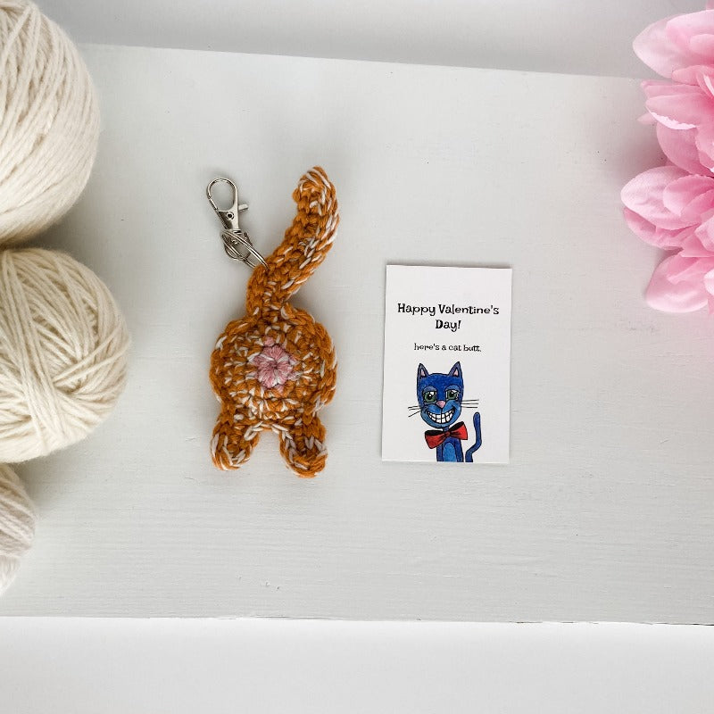 orange tabby cat butt keychain valentines day gift with illustrated art card