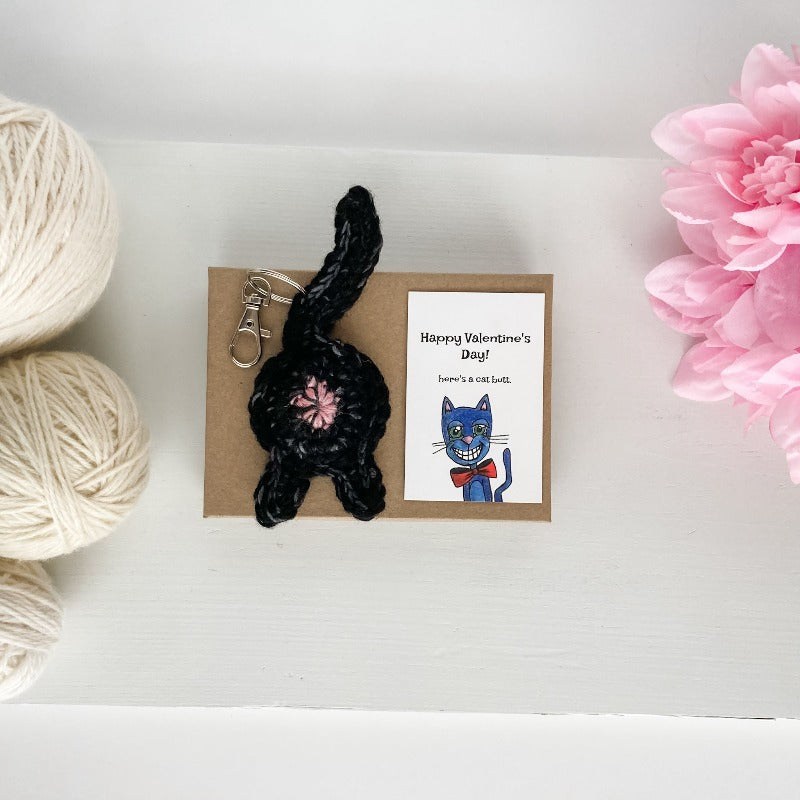 black cat butt keychain valentine's day gift with illutrated cat card