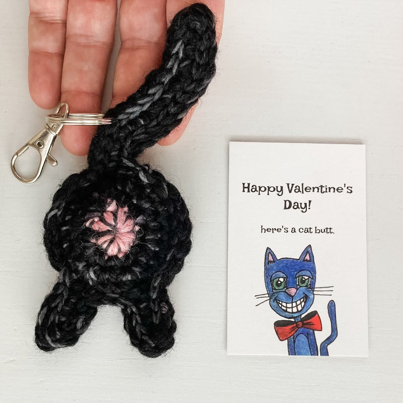 black cat butt keychain valentine's day gift with illutrated cat card