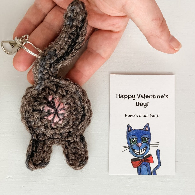 brown torti cat butt keychain gift with valentine's day card