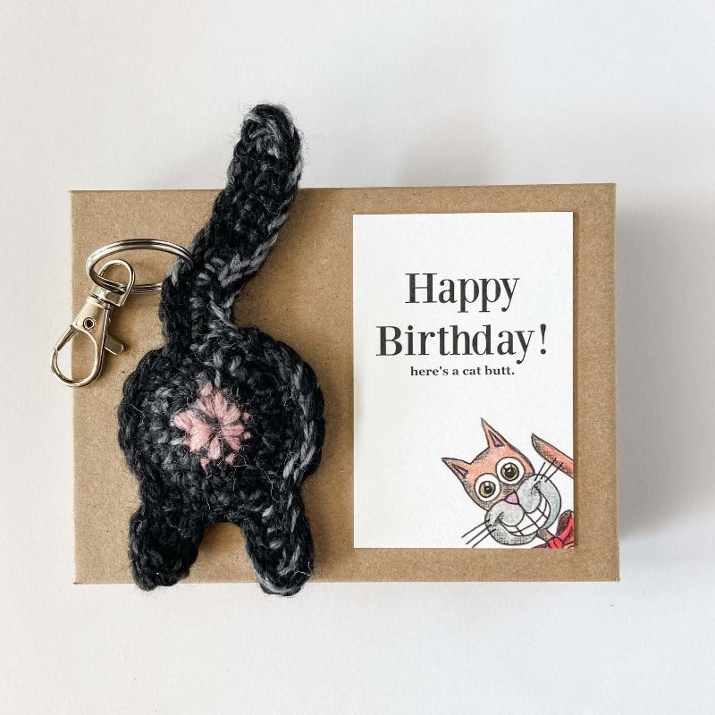 Knot By Gran'ma Birthday Gift Black Cat Butt Keychain Funny Birthday Gift with Novelty Card