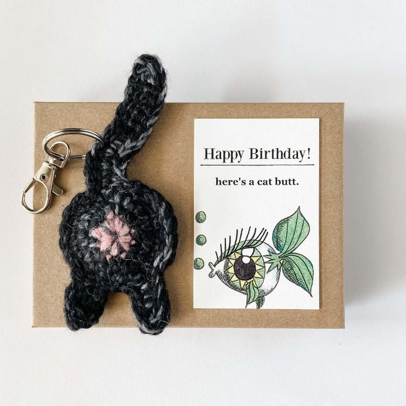 black cat butt keychain birthday gift with fish birthday card