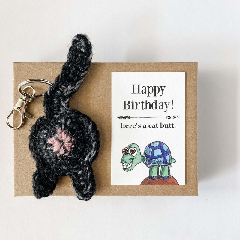 black cat butt keychain birthday gift  with illustrated turtle card