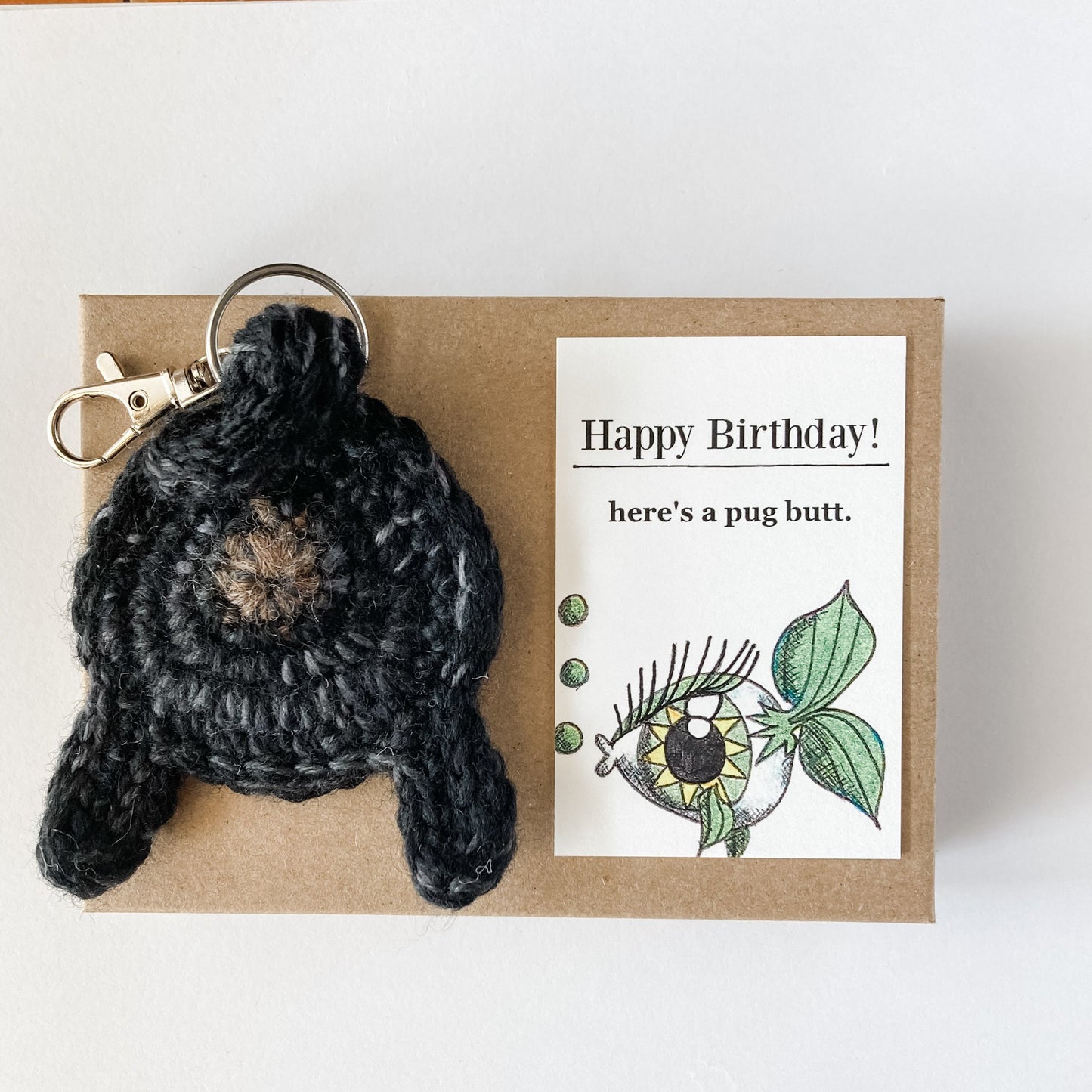 Knot By Gran'ma Birthday Gift Black Pug Butt Keychain Funny Birthday Gift with Novelty Card