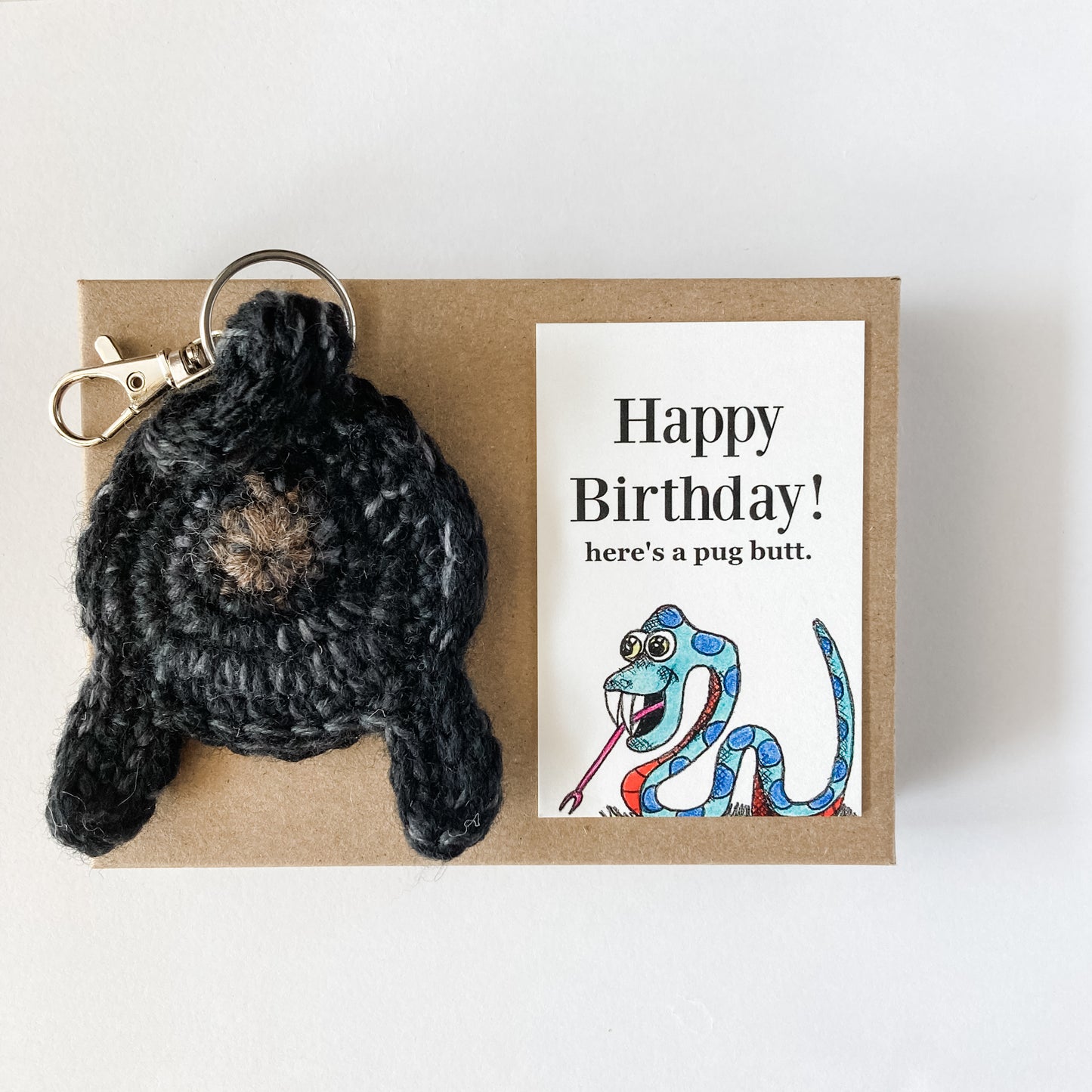 Black Pug Butt Keychain Funny Birthday Gift with Novelty Card