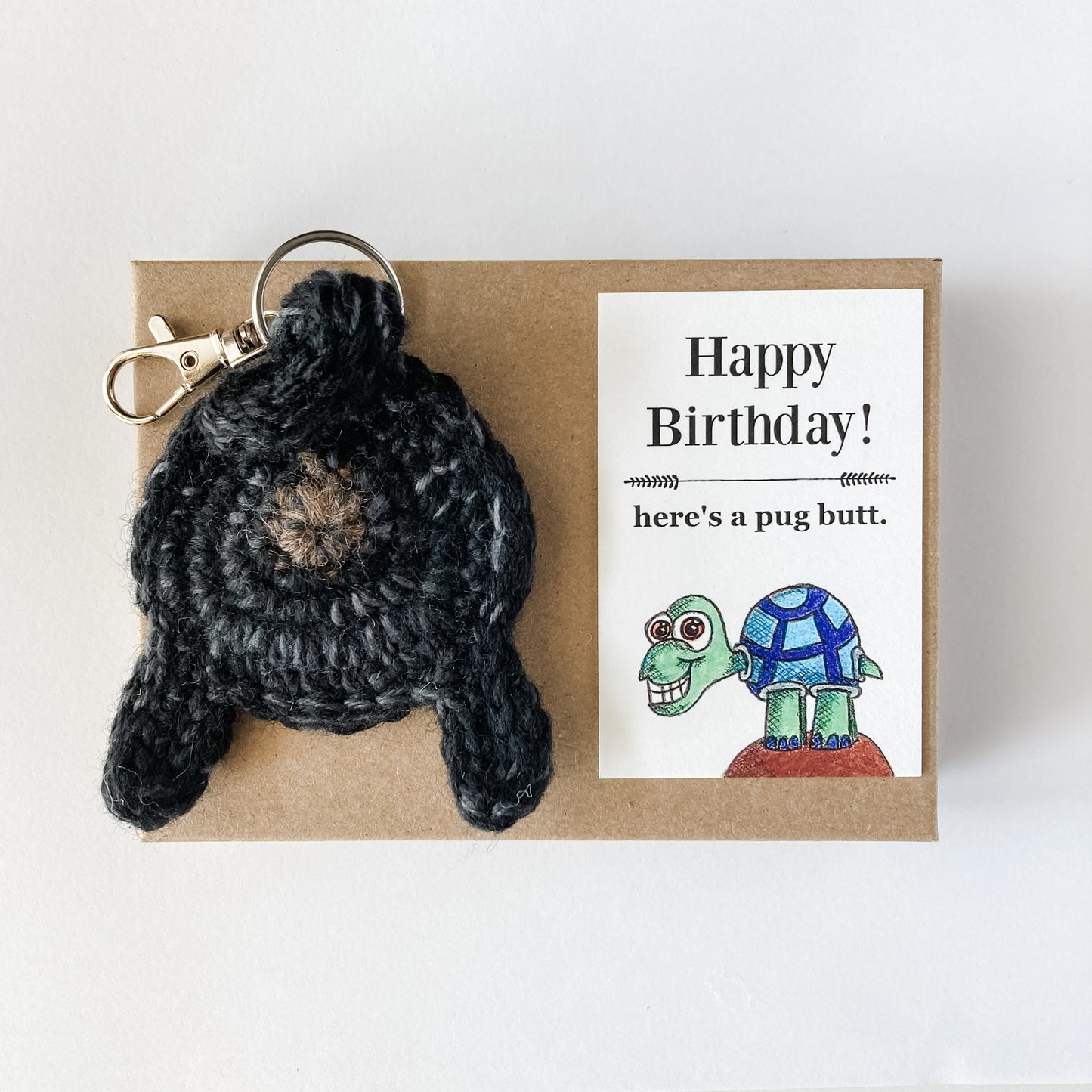 Black Pug Butt Keychain Funny Birthday Gift with Novelty Card