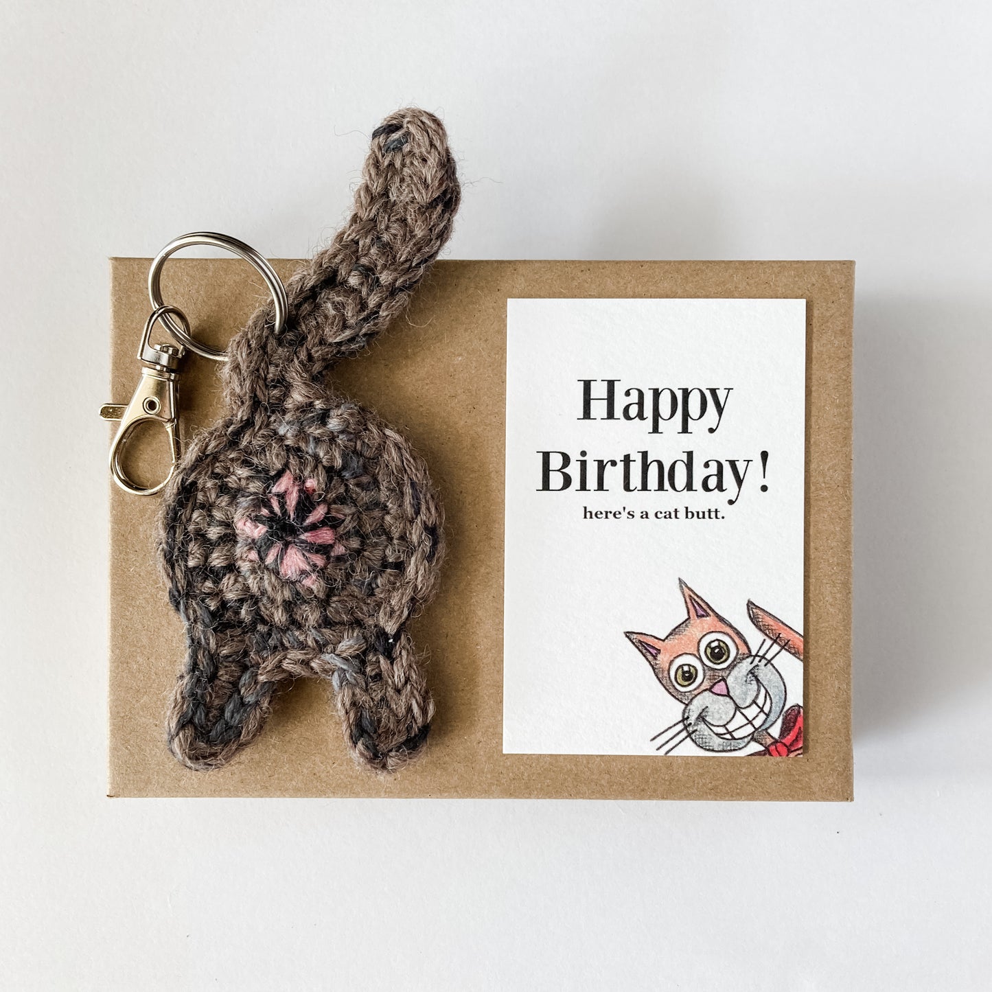 Torti Calico Cat Butt Keychain Funny Birthday Gift with Novelty Card