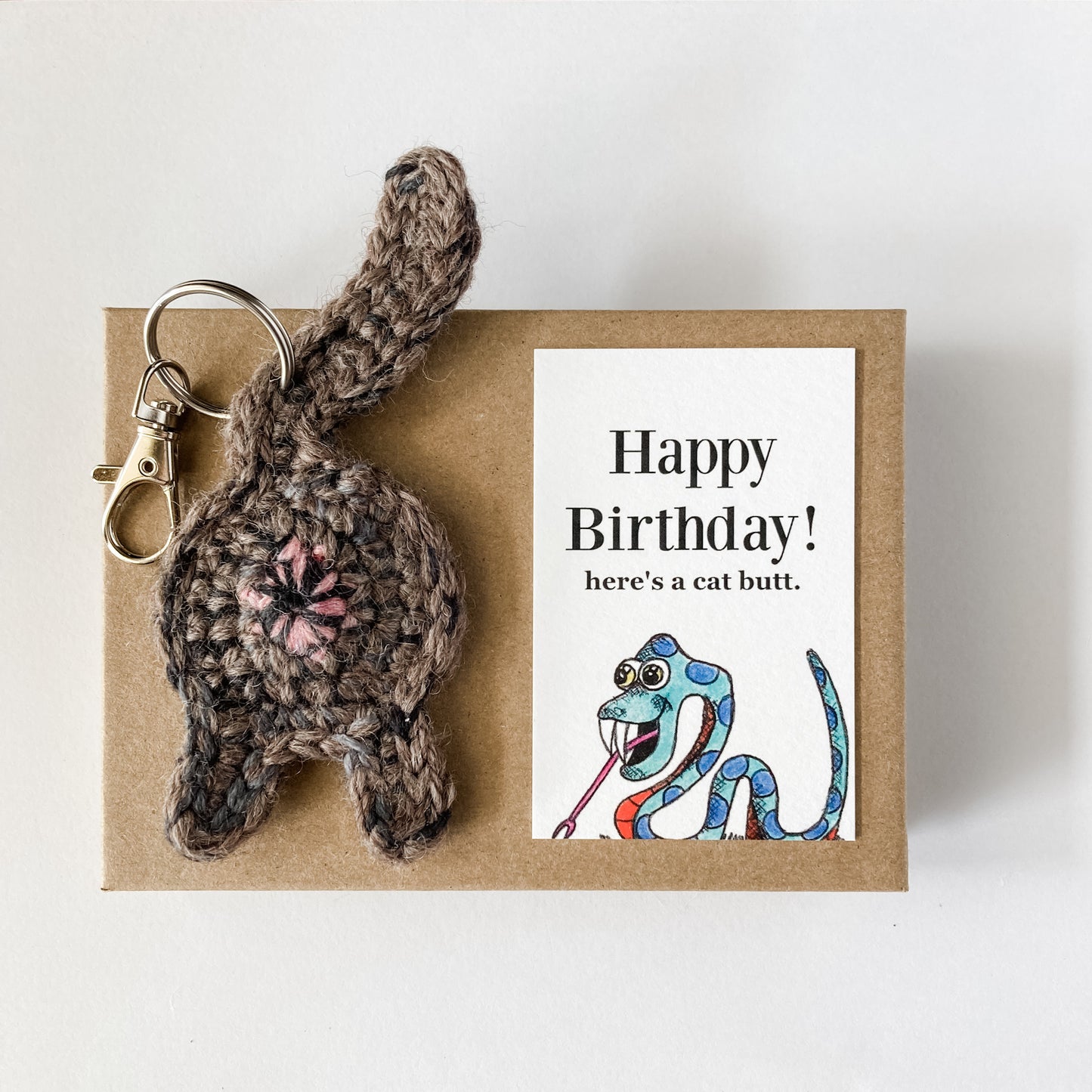 Torti Calico Cat Butt Keychain Funny Birthday Gift with Novelty Card