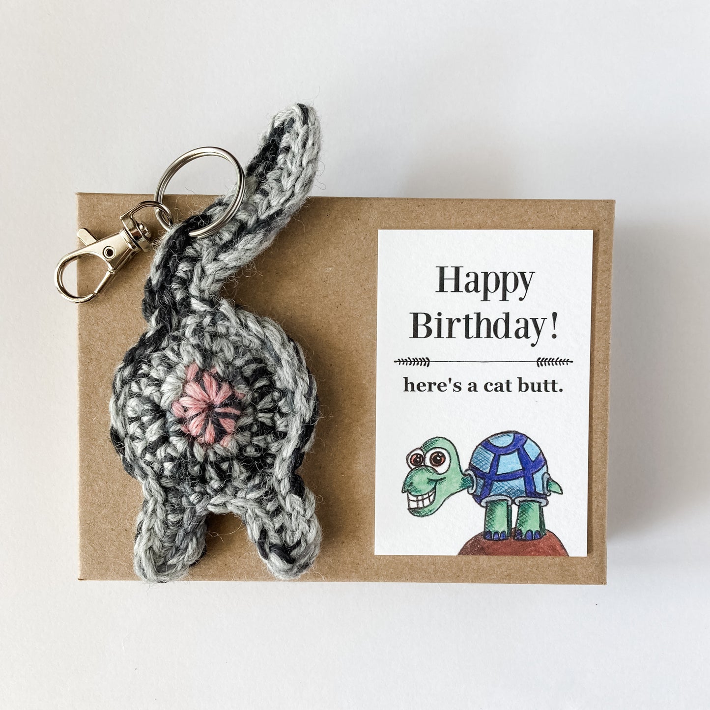 Gray Tabby Cat Butt Keychain Funny Birthday Gift with Novelty Card