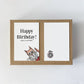 Knot By Gran'ma illustrated cat birthday card front and back on a Kraft box
