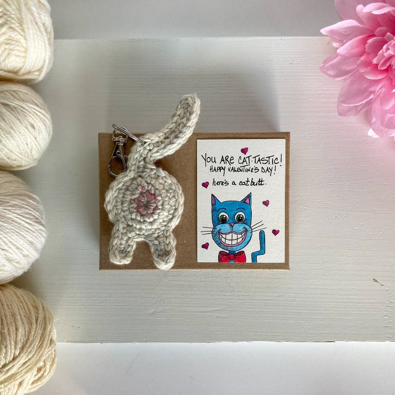 white cat butt keychain with ooak ACEO valentine's day card