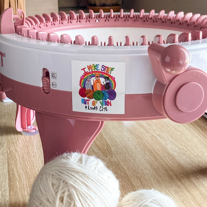 I make stuff out of yarn and love cats vinyl sticker on a knitting machine