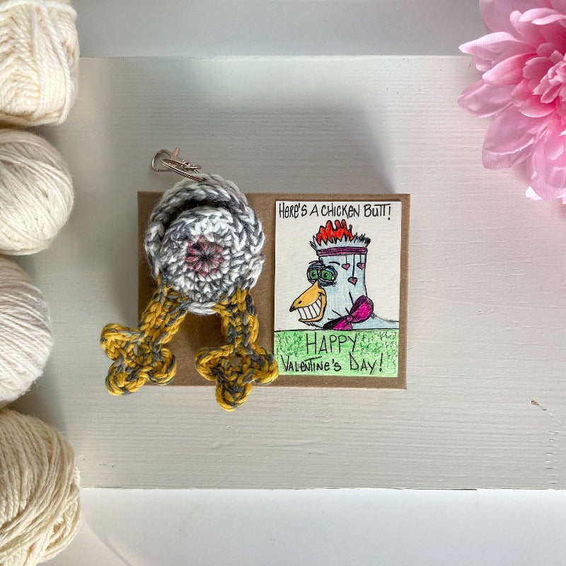 chicken butt keychain with collectible ooak aceo valentine's day art card