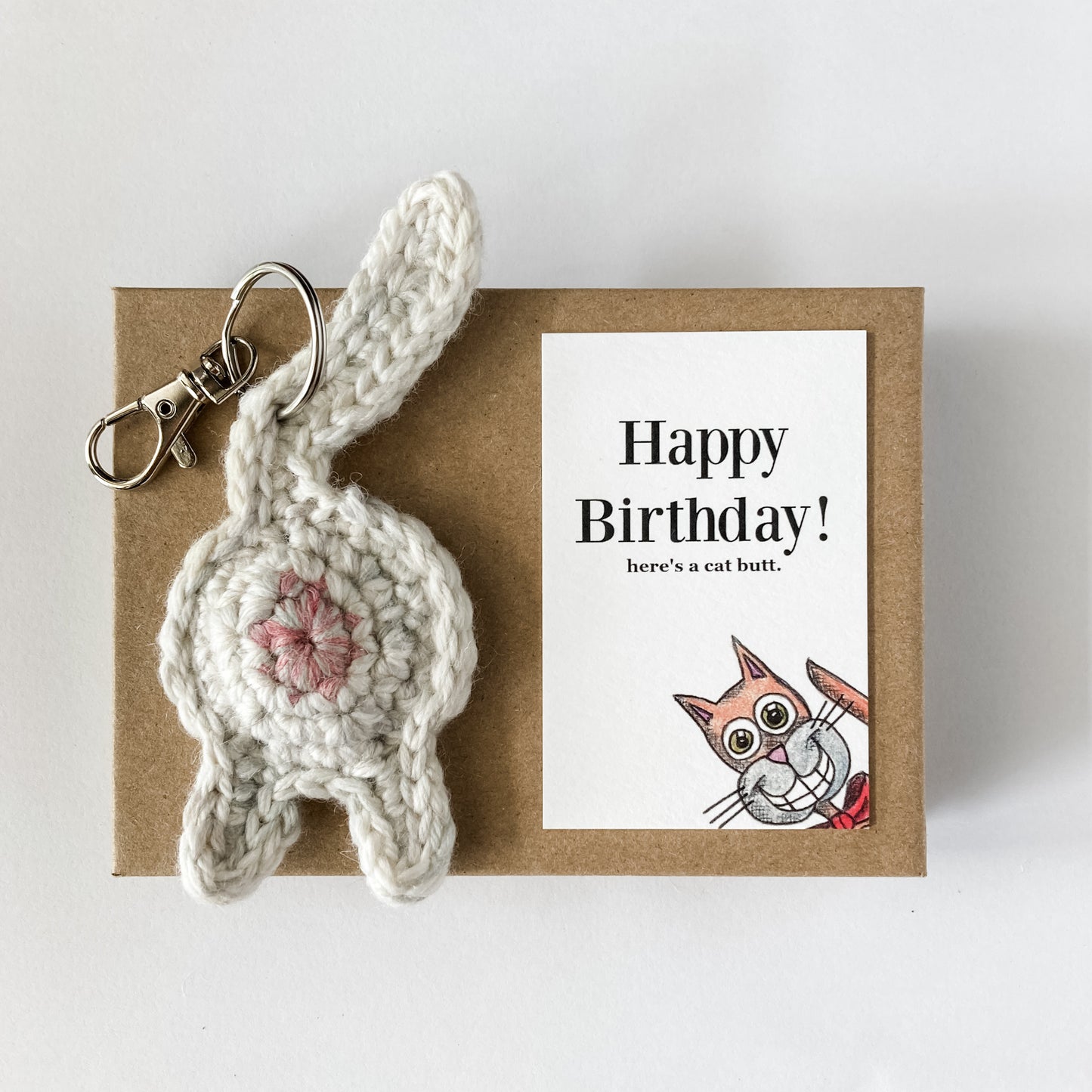 White Cat Butt Keychain Funny Birthday Gift with Novelty Card