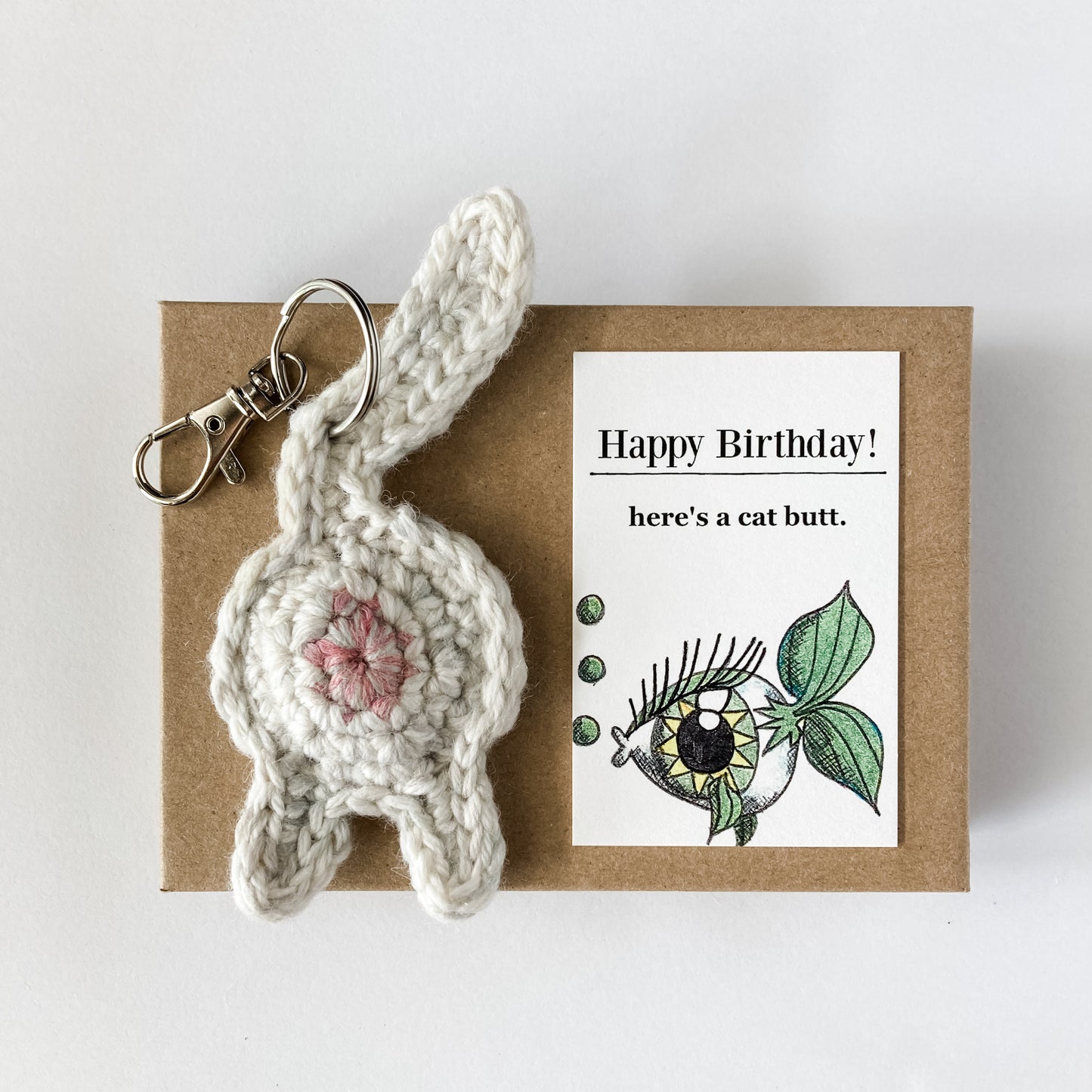 White Cat Butt Keychain Funny Birthday Gift with Novelty Card