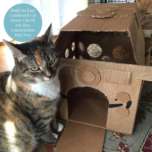 photo of a calico tabby cat sitting next to a handmade diy cat house made out of cardboard boxes. An orange tabby cat is visible behind the cardboard cat house.