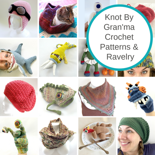 Collage of Knot By Gran'ma crochet patterns with the text Knot By Gran'ma Crochet Patterns & Ravelry
