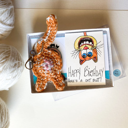 Hand Drawn Birthday Card Crocheted Cat Butt Keychain or Ornament Personalized Message